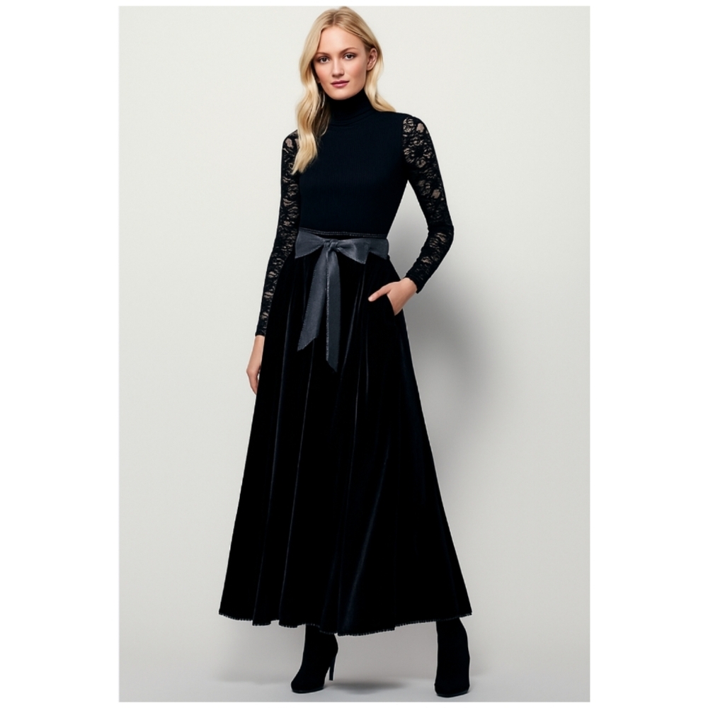 Vintage Well Bred Bonwit Teller Velvet Full Long Skirt With Sash Black Women's 8